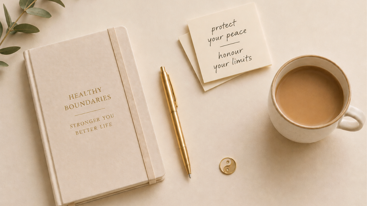 Healthy Boundaries Notebook, gold pen, and yin and yang symbol on a desk