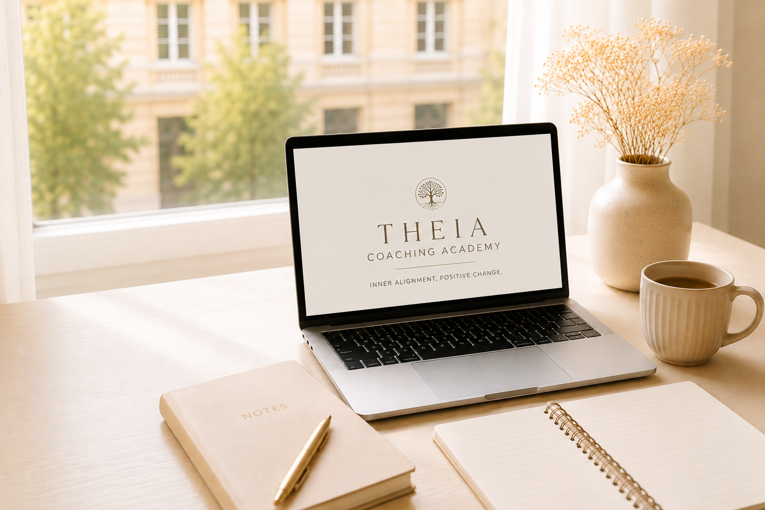 Desk and laptop with Theia Coaching Academy on the screen