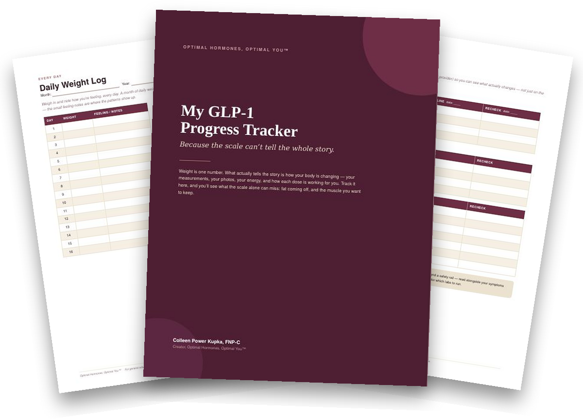 Pages from Colleen's GLP-1 Progress Tracker: the cover, a daily weight log, and a monthly check-in