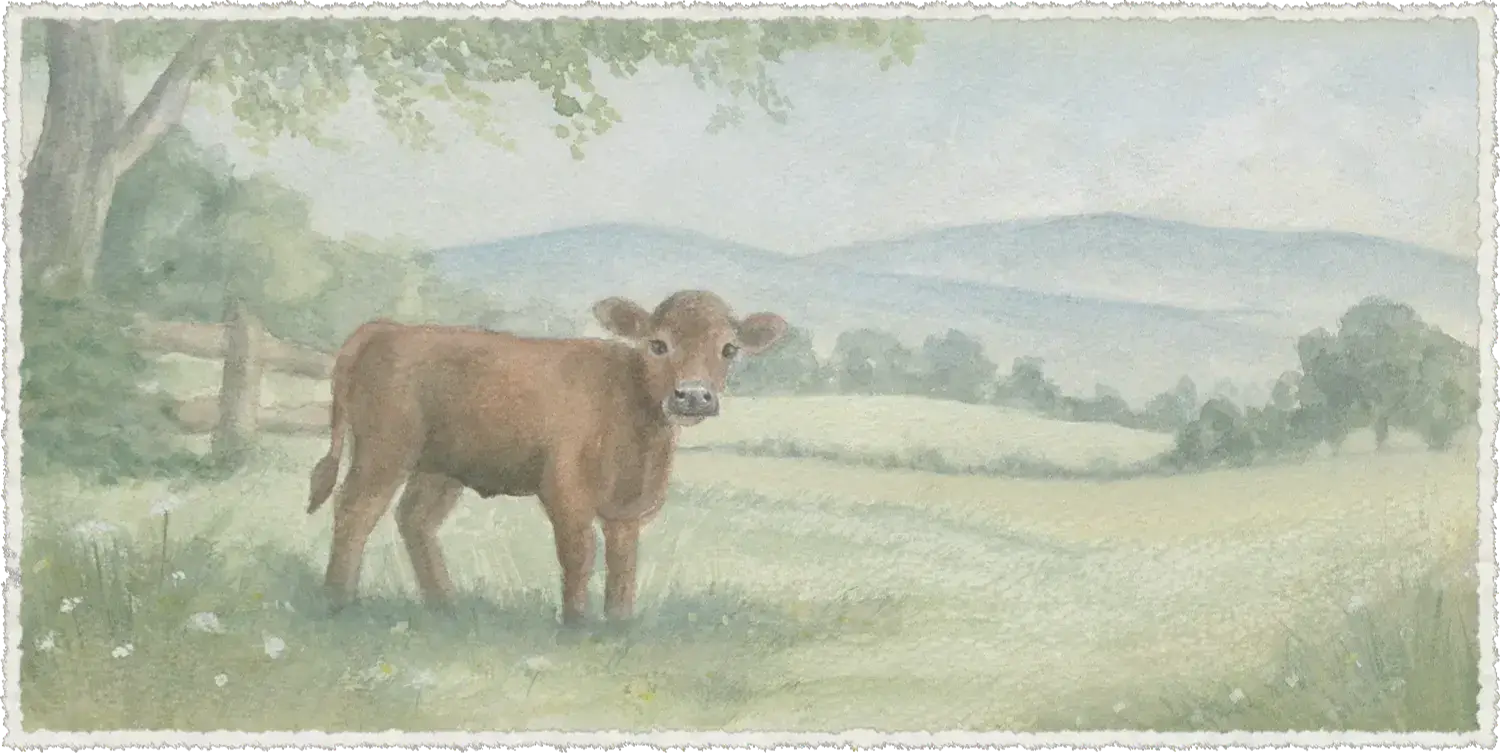 Hand-painted watercolor of a young red Dexter calf standing in an Appalachian meadow, with distant blue mountains.