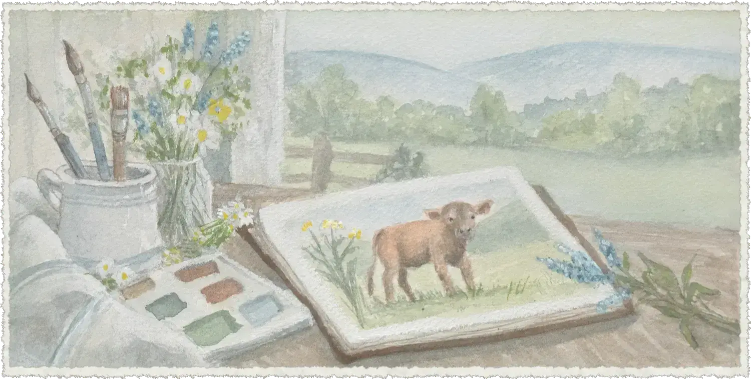 Hand-painted watercolor of an artist's worktable with watercolor brushes, wildflowers, a paint palette, and a sketchbook showing a red Dexter calf.