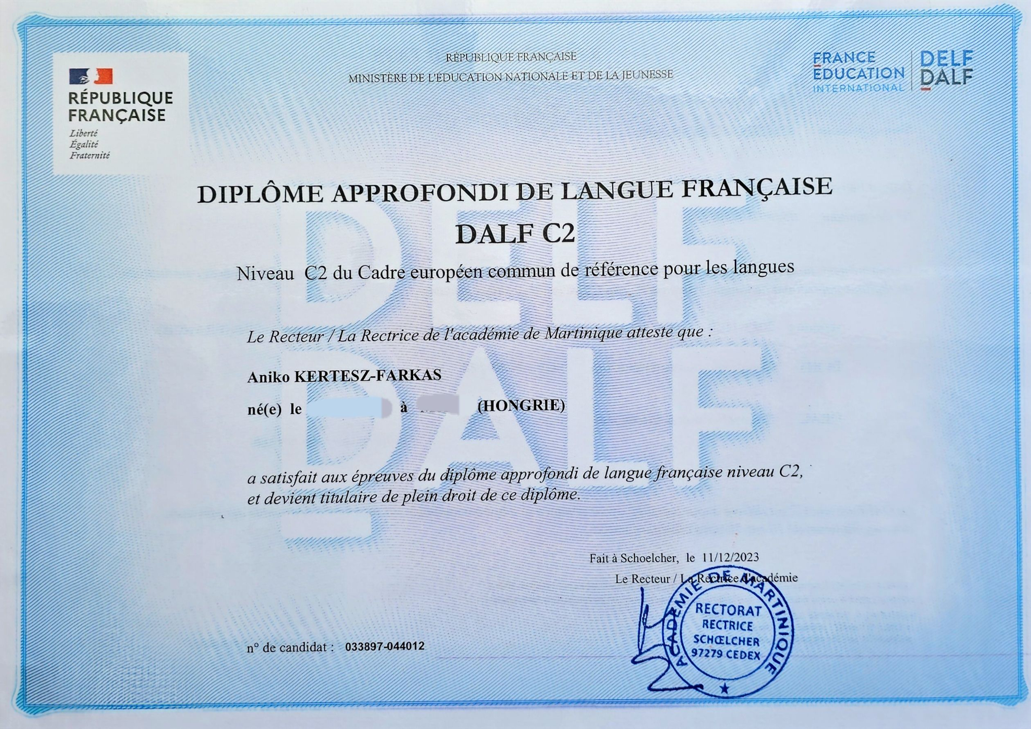 Franciatanár DALF C2 93%-os nemzetközi francia nyelvvizsgával
