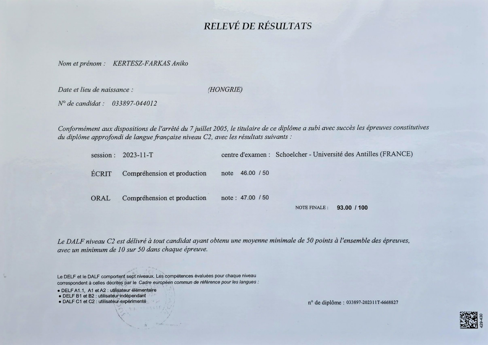 Franciatanár DALF C2 93%-os nemzetközi francia nyelvvizsgával