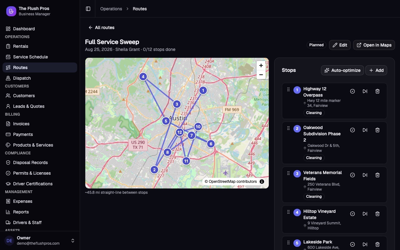 Route page for a 12-stop Full Service Sweep with a map, numbered stops, an auto-optimize button and Open in Maps.