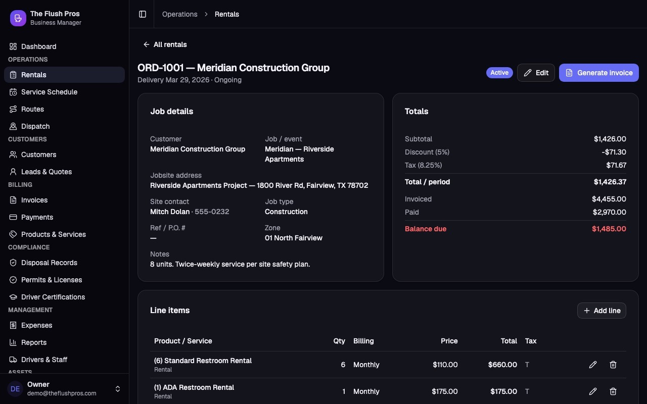 Rental order for Meridian Construction Group with job details, site contact, line items, amount invoiced, paid and balance due.