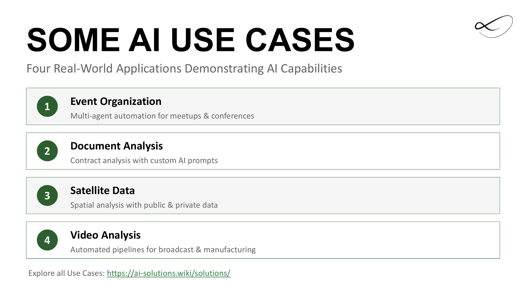 Deck slide: four AI use cases, event organisation, document analysis, satellite data and video analysis