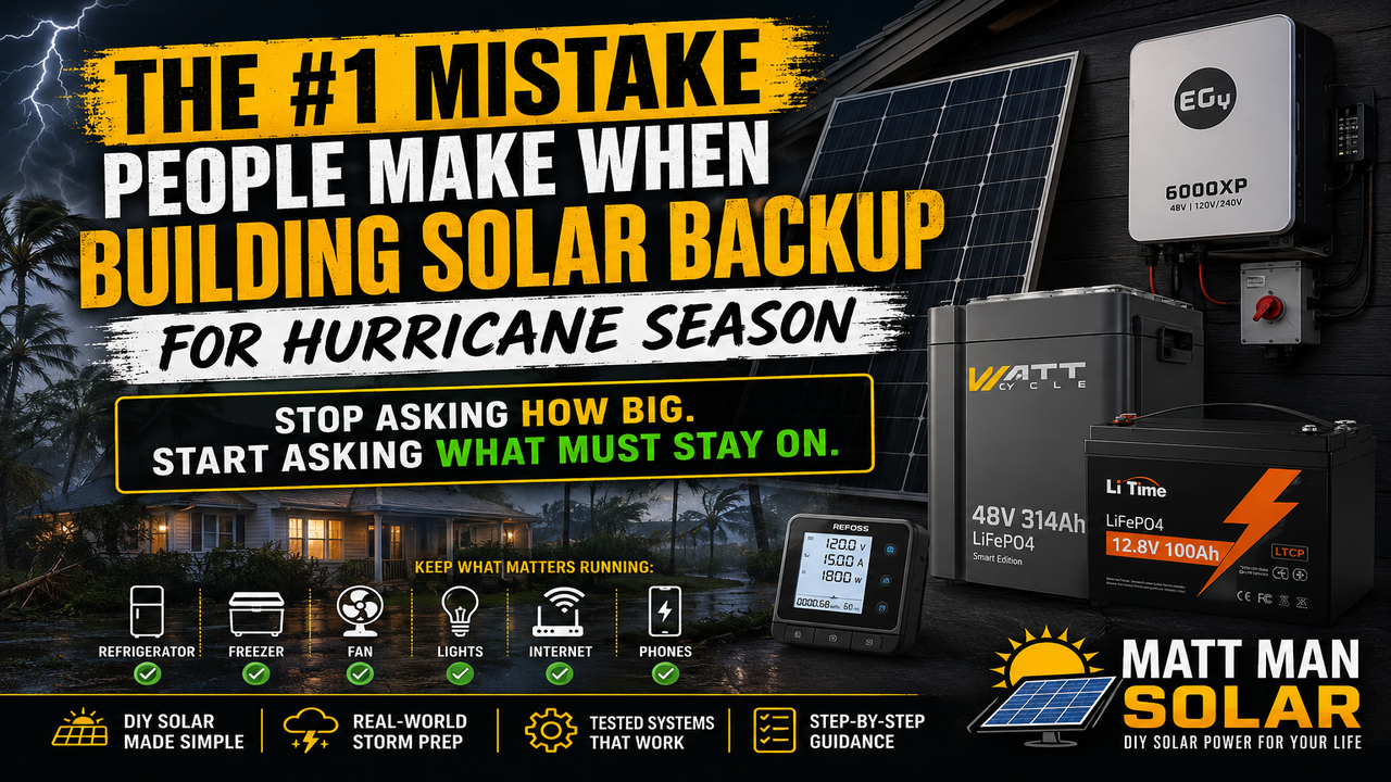 DIY hurricane solar backup system with batteries, inverter, solar panels, and critical loads for emergency power