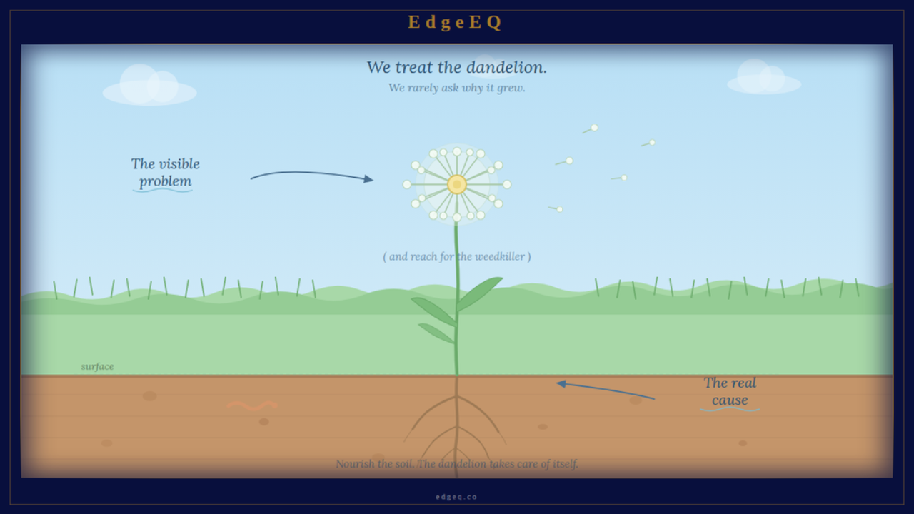 An EdgeEQ graphic showing a cross-section of a dandelion plant. The flower above ground is labelled "The visible problem" and the roots below are labelled "The real cause", with text reading: "We treat the dandelion. We rarely ask why it grew."