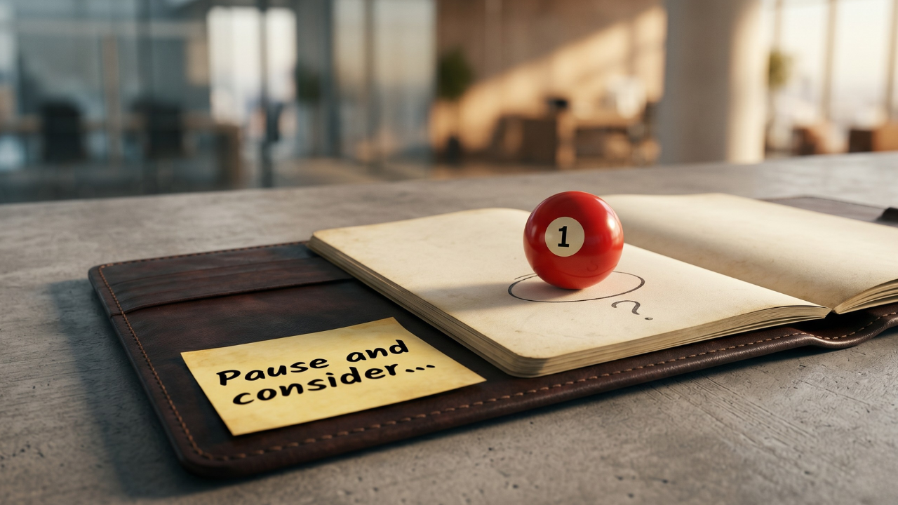 A small red pool ball with the number one rests on an open notebook page next to a yellow sticky note reading "Pause and consider...", set against a soft blurred office background.