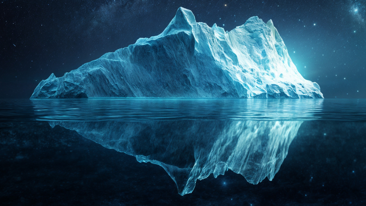 A minimalist, professional photograph of a large iceberg floating in calm, deep blue ocean water, symbolizing the hidden patterns operating beneath the surface of leadership.
