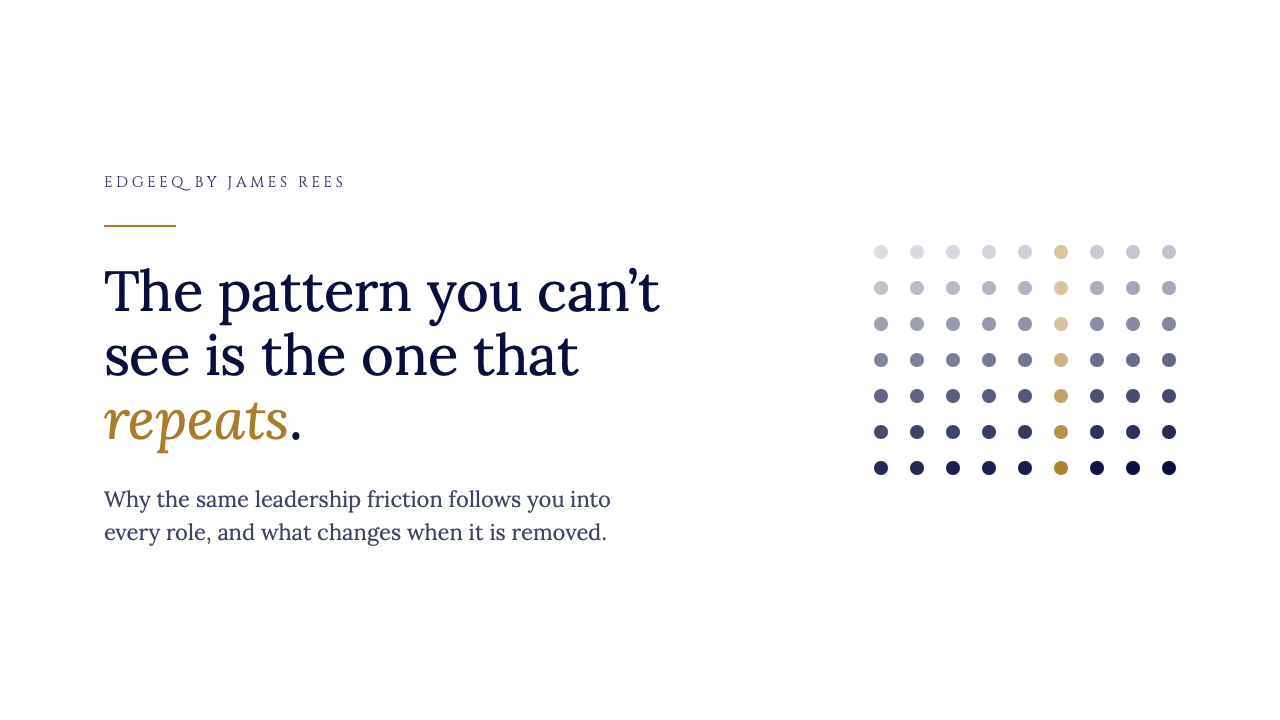 “The pattern you can’t see is the one that repeats” beside a grid of navy dots with one repeating gold column.