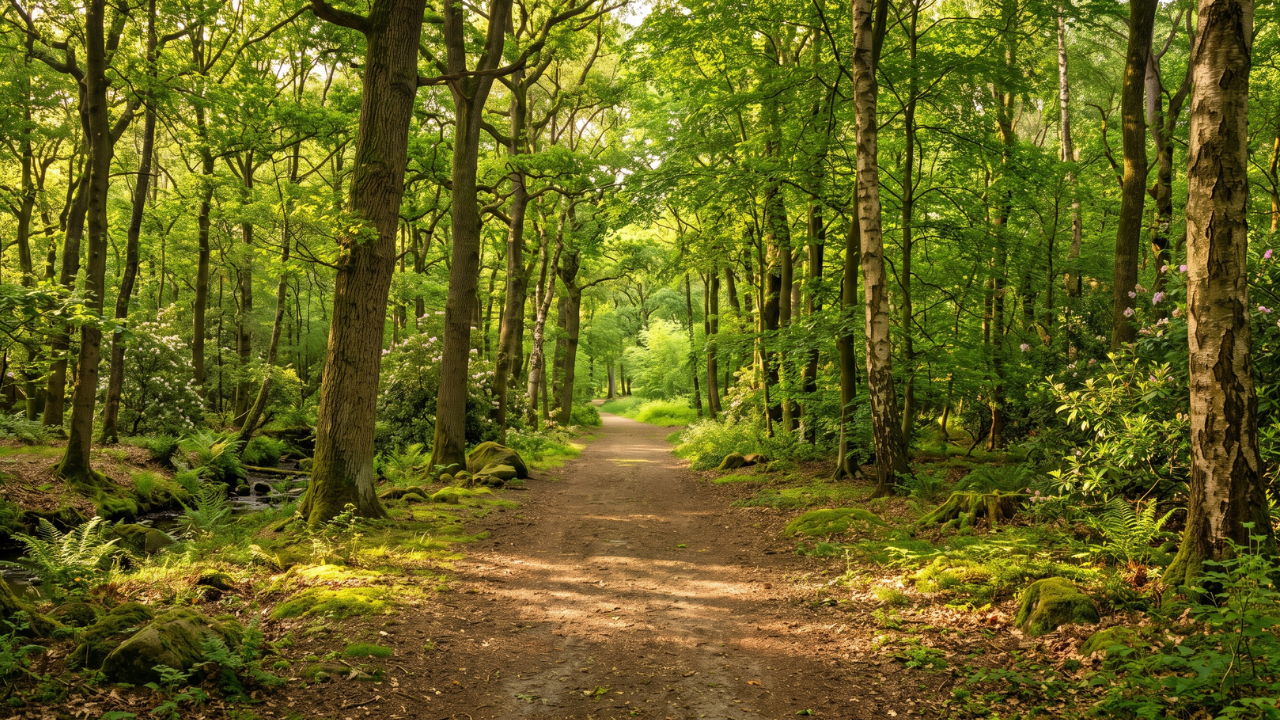 Forest path under green canopy to demonstrate Natural Rhythms vs Corporate Control 