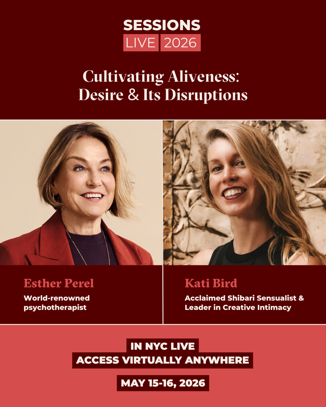 Esther Perel world renouned psychotherpist creative intimacy shibari sessions live 2026 NYC Brooklyn 