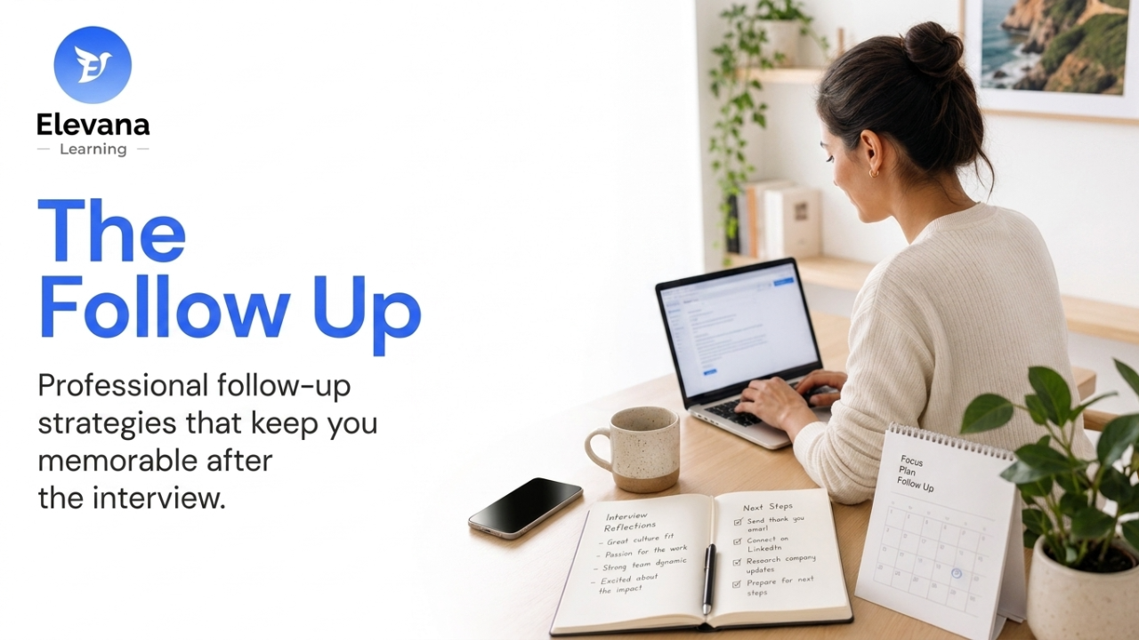 The Follow-Up course artwork showing a professional preparing a post-interview message