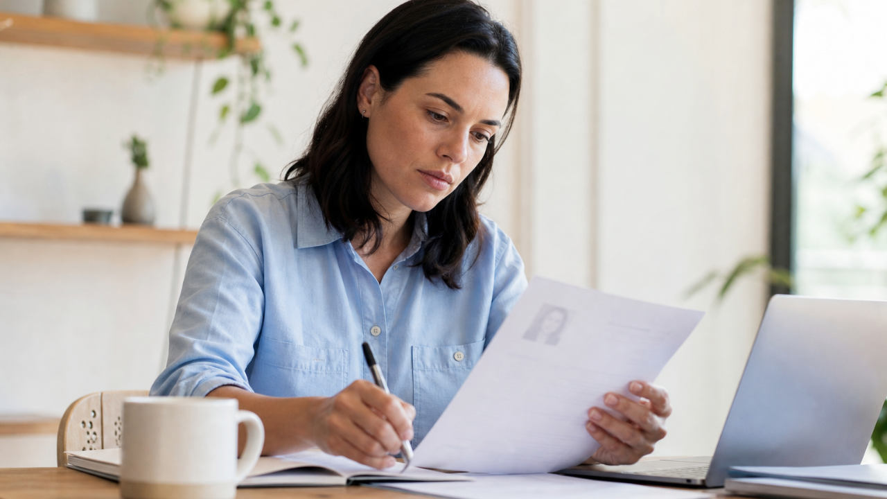 Person reviewing a resume at a desk with a laptop and coffee in a bright home office