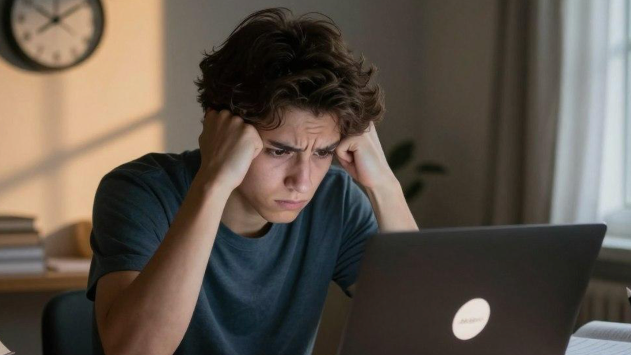 Stressed high school student at a computer experiencing academic and achievement pressure