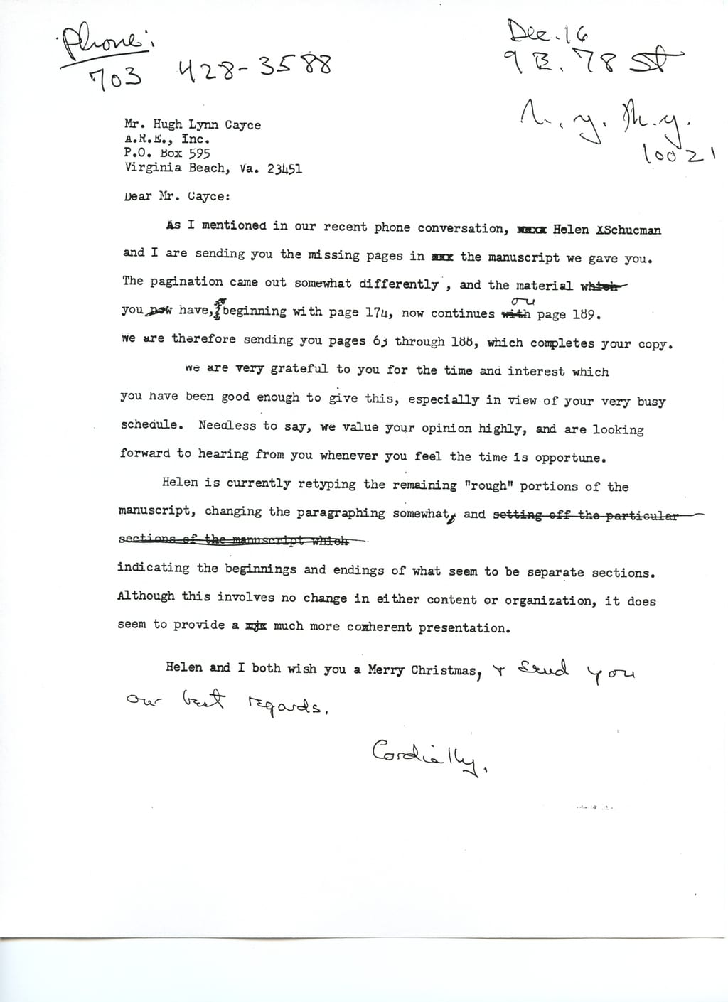 Carta de Bill Thetford a Hugh Lynn Cayce del 16 de diciembre de 1970 (en inglés): le envía las páginas que faltaban del manuscrito y le cuenta cómo lo está volviendo a mecanografiar Helen.