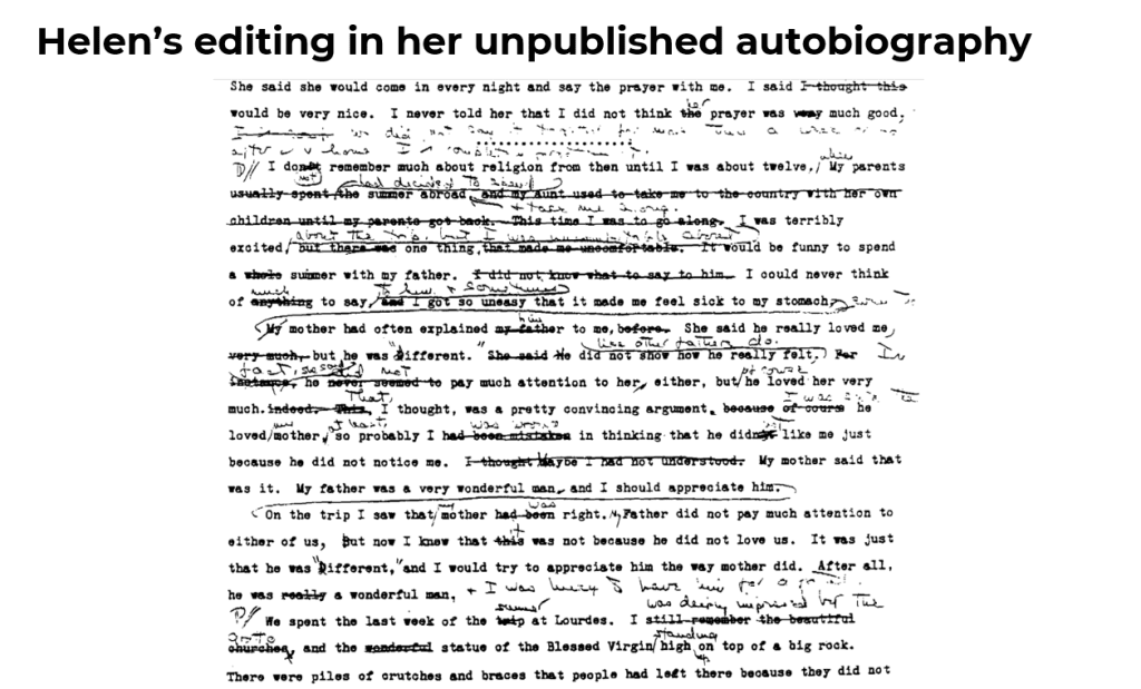 Una página de la autobiografía inédita de Helen (en inglés), con sus tachaduras y correcciones a mano.