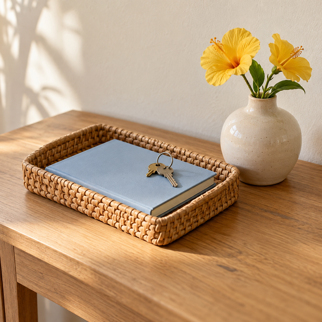 Bandeja con un libro azul y llaves sobre una mesa de madera, junto a un jarrón con flores amarillas