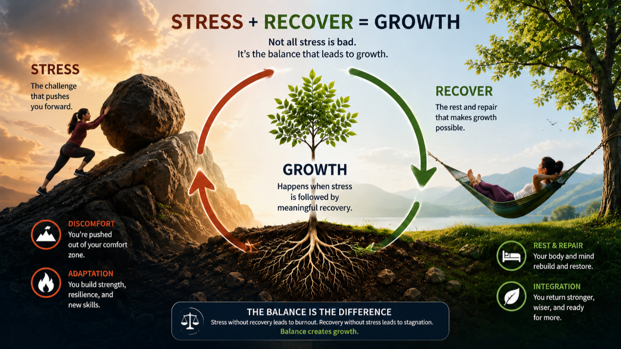 Illustration showing a woman pushing a boulder uphill and another woman resting in a hammock, demonstrating how stress plus recovery leads to personal growth and resilience.