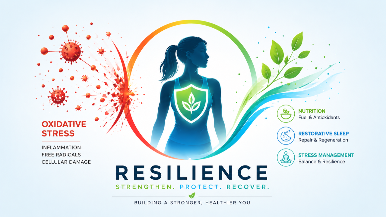 Health resilience infographic featuring a female figure protected by a shield, illustrating the balance between oxidative stress, inflammation, and cellular damage versus recovery through antioxidants, restorative sleep, and stress management.