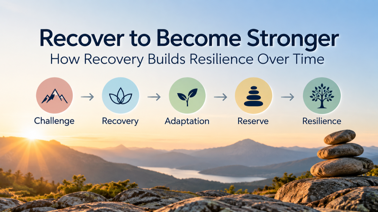 Recovery and resilience infographic showing the progression from challenge to recovery, adaptation, reserve, and resilience.