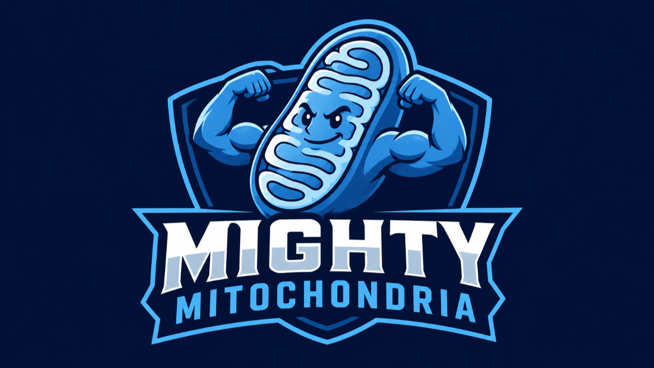 An image featuring a muscular, superhero-style mitochondrion flexing its arms above the text "MIGHTY MITOCHONDRIA." The blue-toned design uses a shield backdrop and strong esports-inspired styling to symbolize energy, strength, and power.