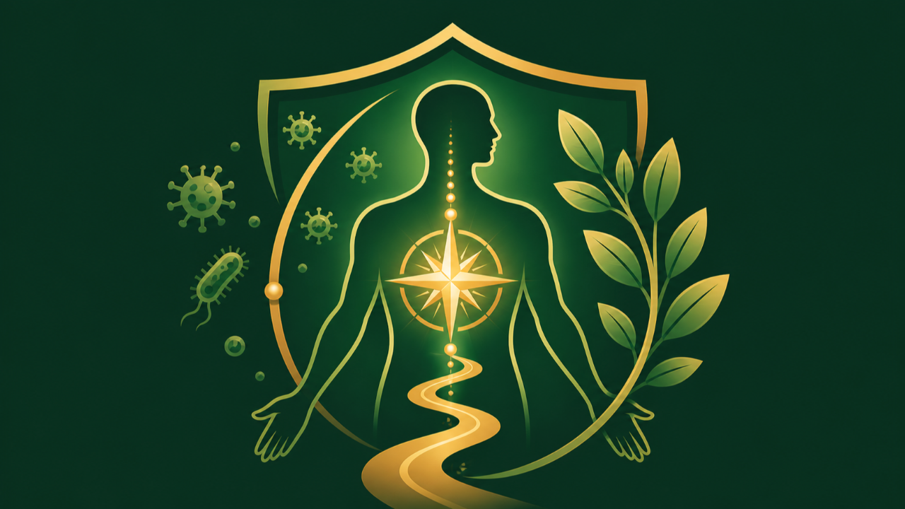 Illustration of immune system function showing protection and internal guidance, with human silhouette, shield, microbes, and natural healing elements in green and gold.