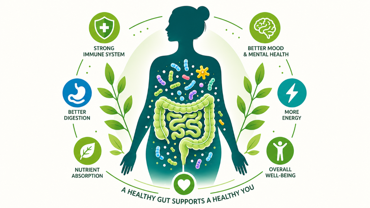 Healthy gut microbiome illustration showing human body with digestive system, beneficial bacteria, and icons for immunity, digestion, energy, mental health, and overall wellness