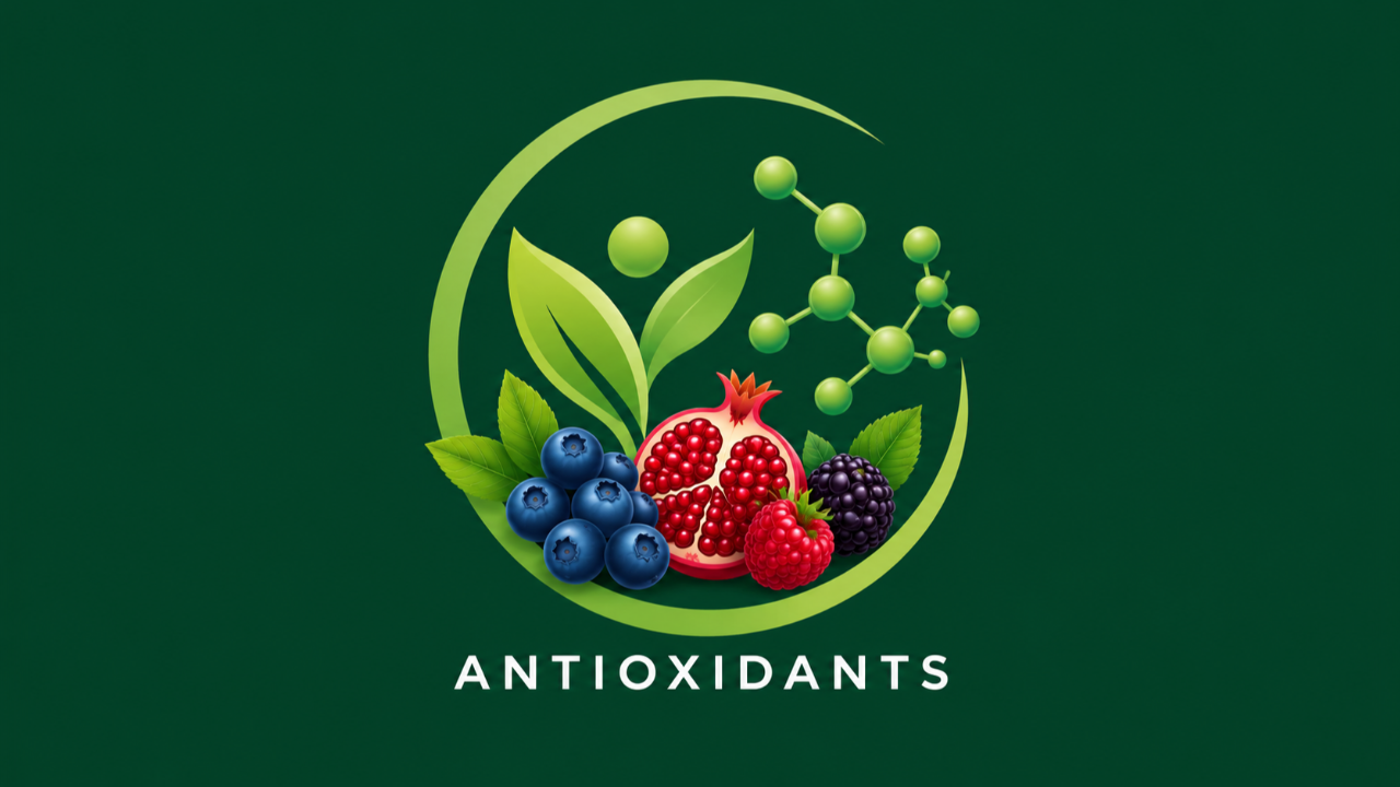 Illustration representing antioxidants featuring blueberries, pomegranate, raspberry, blackberry, green leaves, and a molecular structure symbolizing free-radical protection and cellular health on a green background.