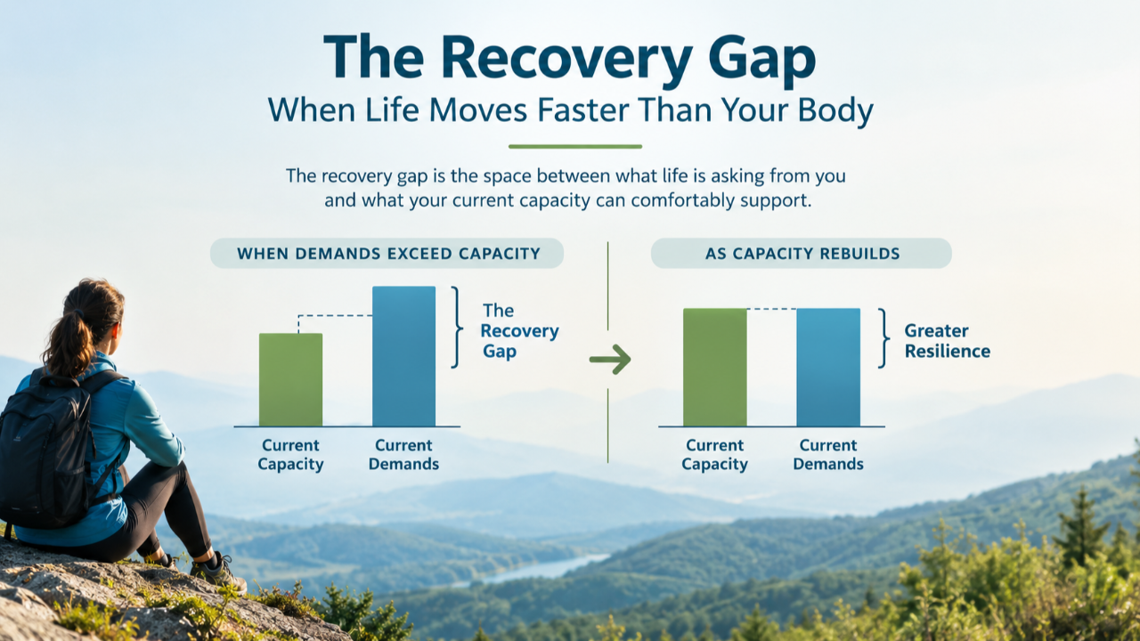 Infographic illustrating the Recovery Gap, showing how life's demands can exceed the body's current capacity after illness or injury and how rebuilding capacity supports greater resilience.