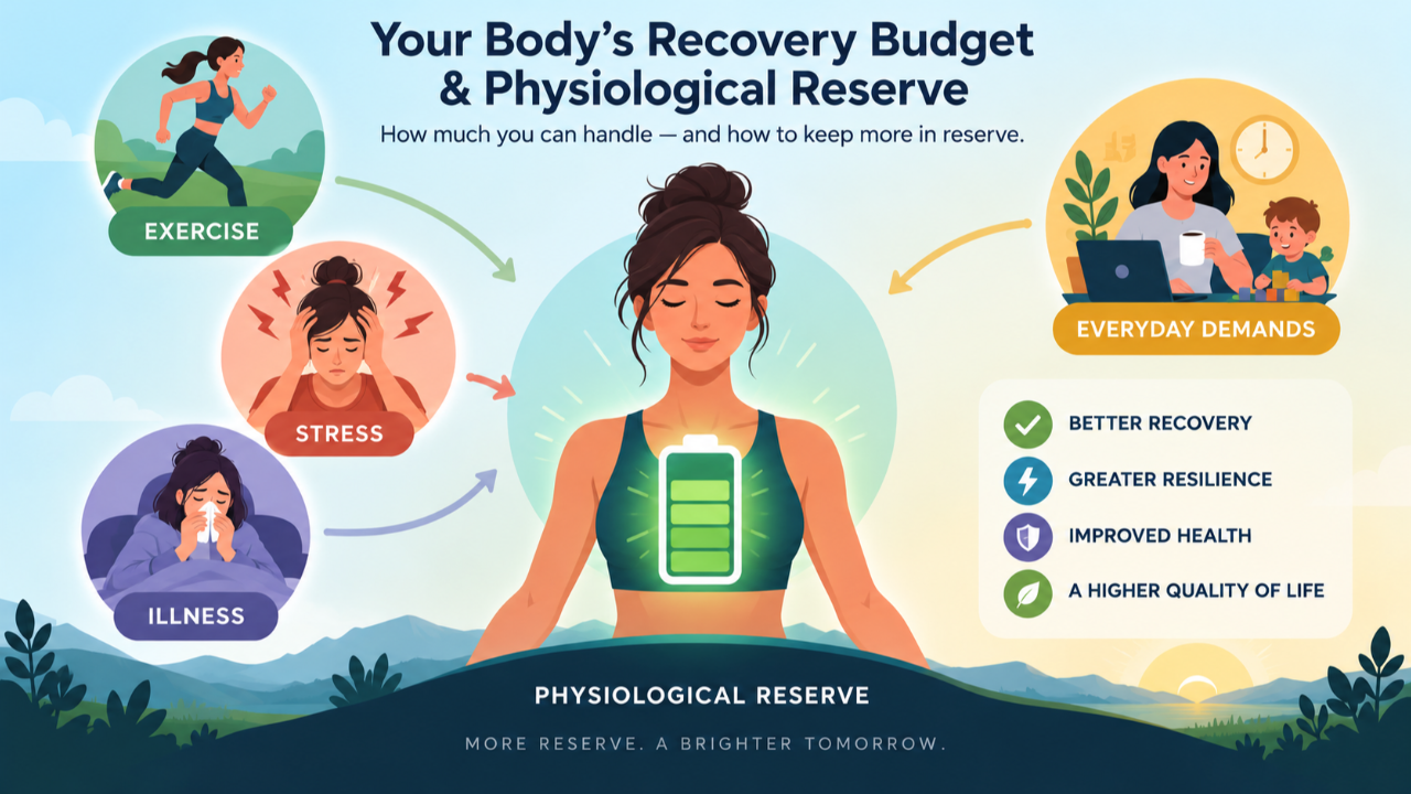Infographic illustrating the body’s recovery budget and physiological reserve, showing how exercise, stress, illness, and daily demands affect recovery and resilience.