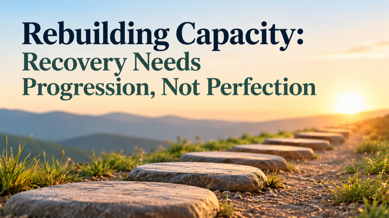 Stepping-stone pathway leading toward a mountain sunrise with the text “Rebuilding Capacity: Recovery Needs Progression, Not Perfection,” symbolizing gradual progress, recovery, and resilience.