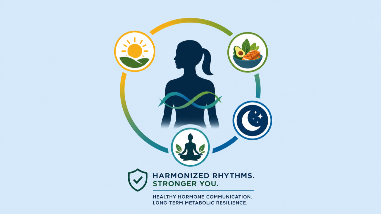 Illustration of circadian rhythm habits supporting healthy hormone communication and long-term metabolic resilience, featuring icons for morning light, meal timing, sleep, and recovery surrounding a human silhouette in a circular wellness cycle.