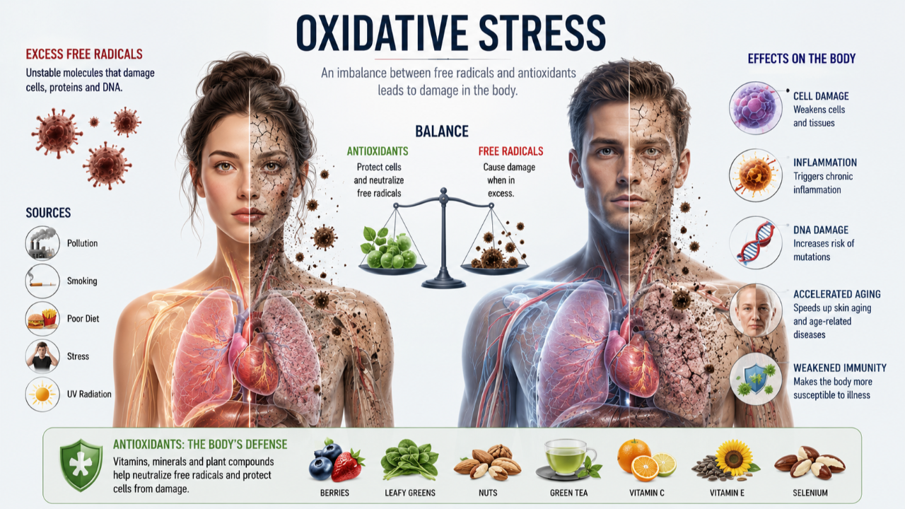 Medical infographic illustrating oxidative stress in the human body, showing free radical damage, cellular inflammation, DNA damage, aging effects, and the protective role of antioxidants.