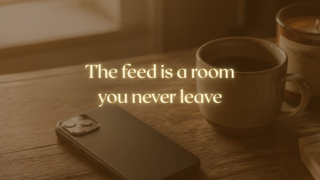 A phone face down on a wooden table beside a cup, window light, nobody in the room