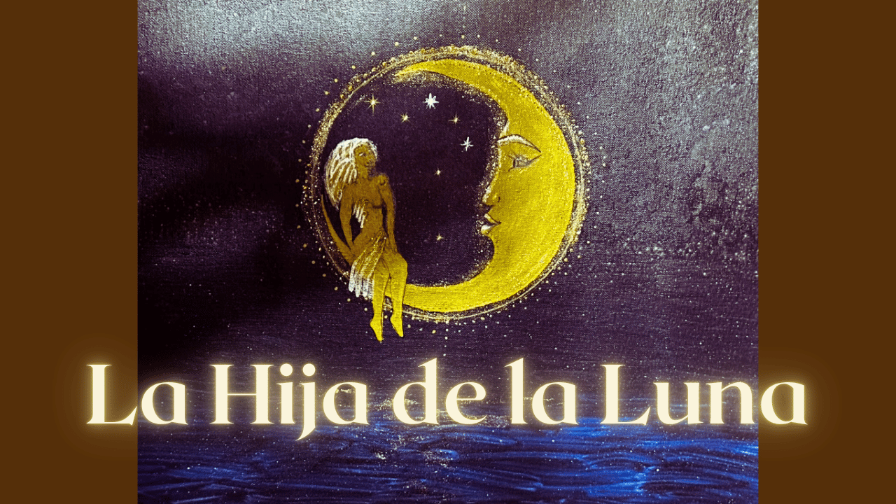 golden woman resting on a crescent moon above a dark sea