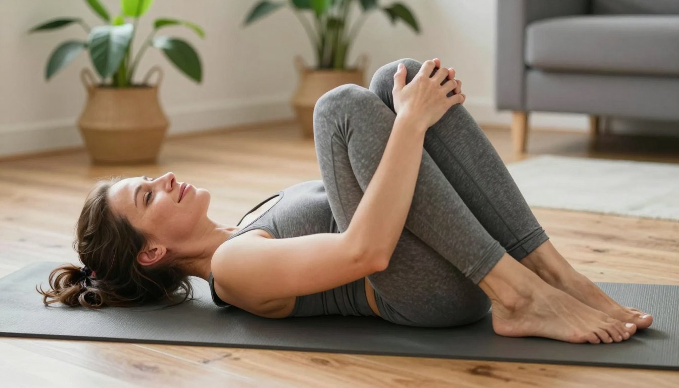 Kobieta leży na macie i spokojnie przyciąga kolana do klatki piersiowej