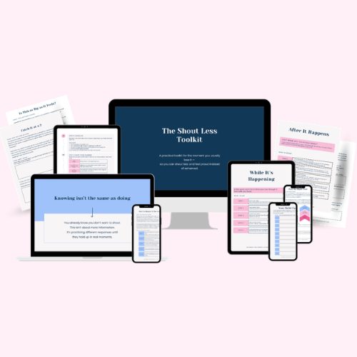 Shout Less Toolkit digital product mockup showing course materials on screen