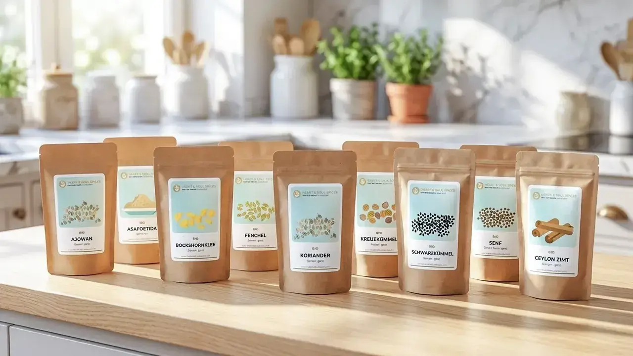 Heart & Soul Spices Bio-Gewürze für den Ayurveda-Kochkurs - Ajowan, Asafoetida, Bockshornklee, Fenchel, Koriander, Kreuzkümmel, Schwarzkümmel, Senf und Ceylon-Zimt in nachhaltigen Kraftpapier-Verpackungen