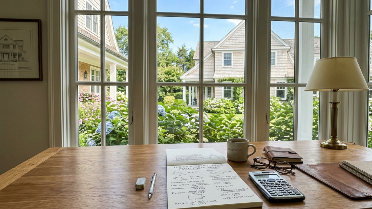 Antique wooden desk overlooking a window into a yard in the Hamptons