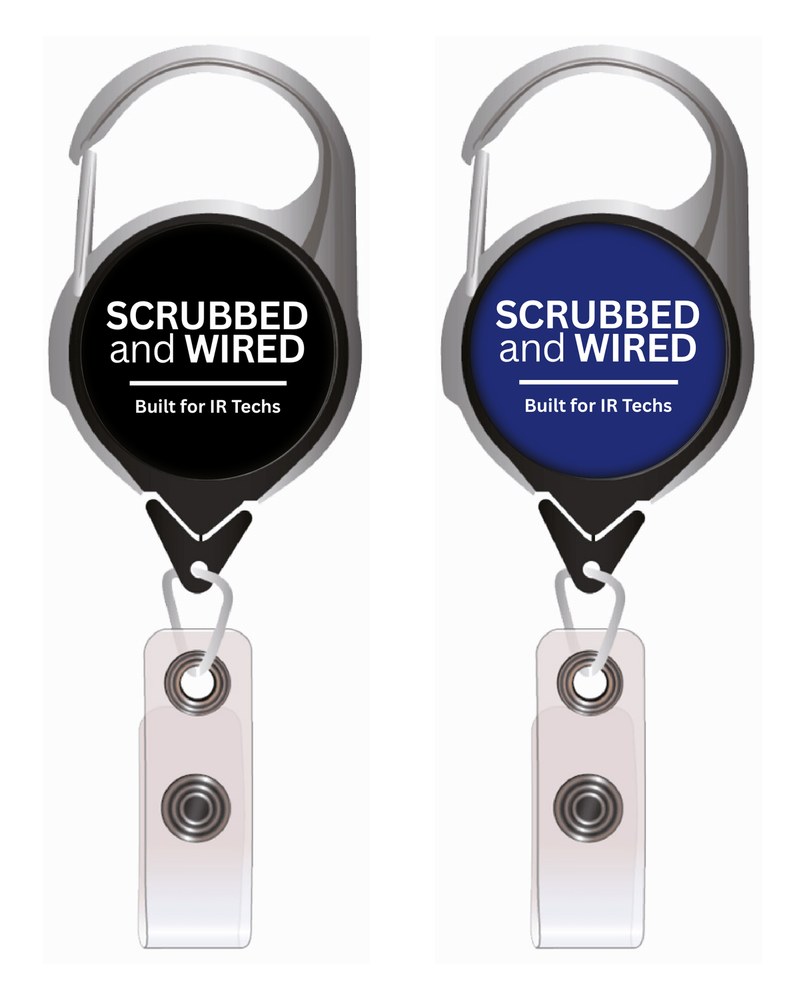 Two Scrubbed and Wired badge reels, one black and one navy