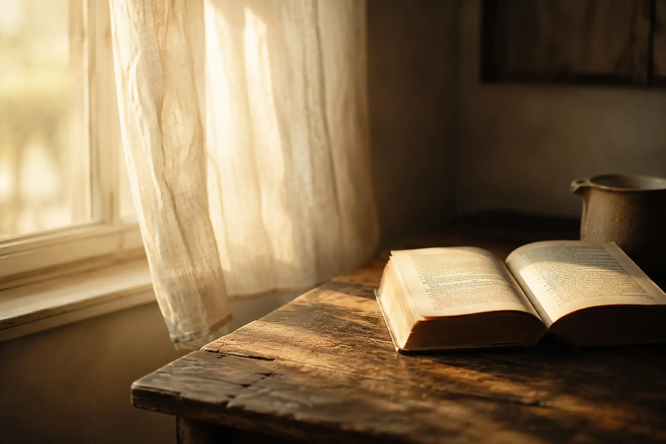 An open Bible on a wooden table in warm morning light from a curtained window