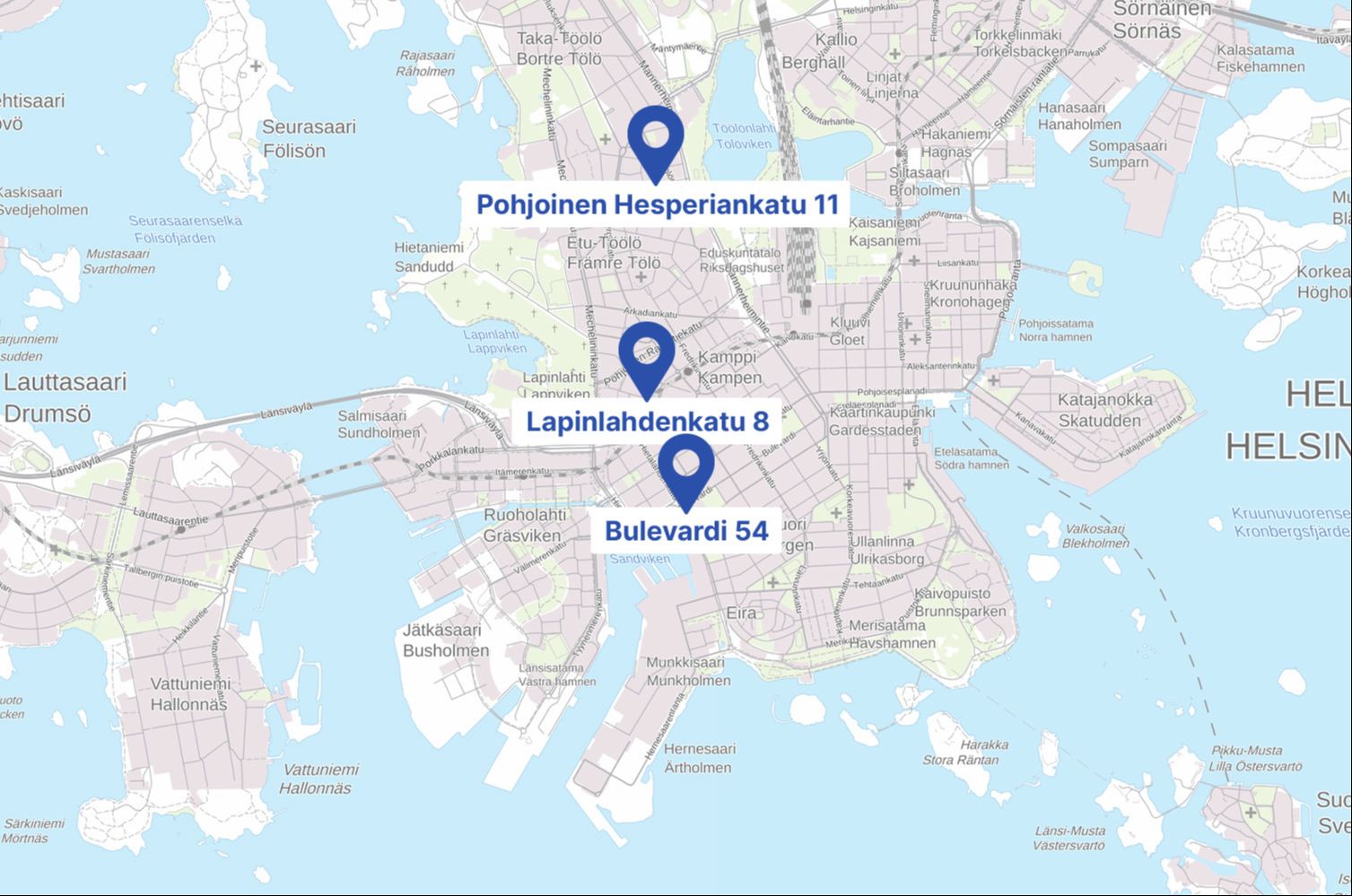 Kuvassa on yrityksen toimipisteiden sijainti kartalla. Ideal Healthin toimipisteet näkyvät kartalla kolmessa kohdassa Töölössä, Kampissa ja Punavuoressa