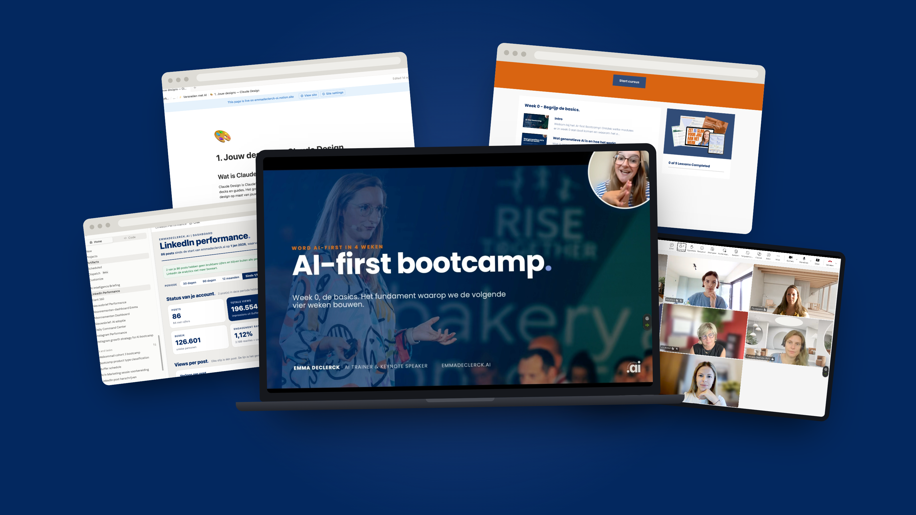 Mockup van de AI-first bootcamp: de slides van week 0, de cursusomgeving, een live sessie en een dashboard dat deelnemers bouwen