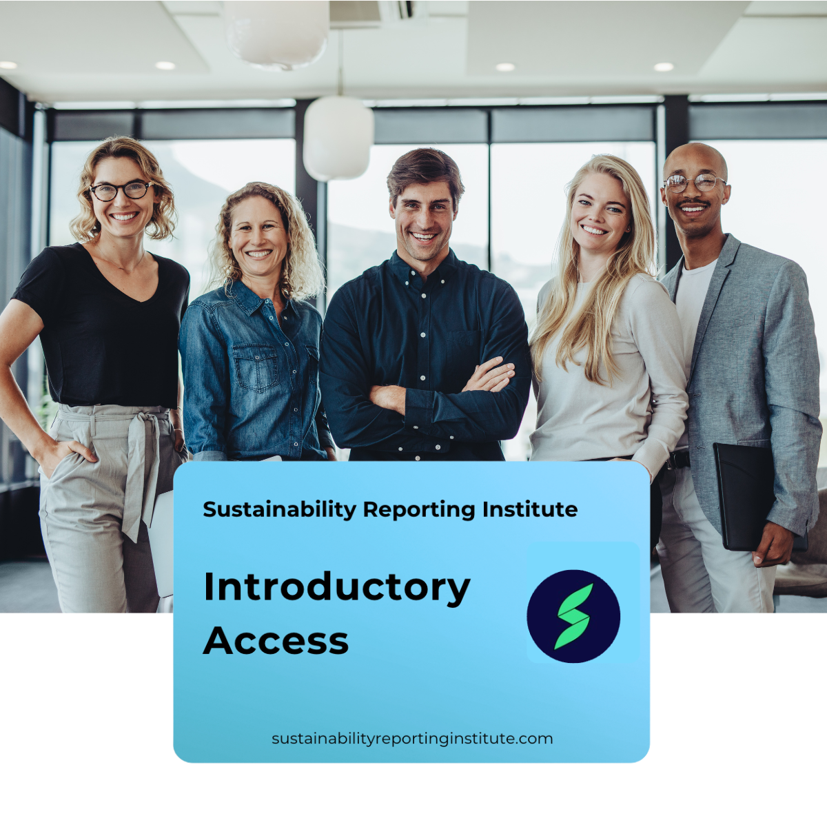 Team of professionals in an office with a Sustainability Reporting Institute Free Membership card displayed