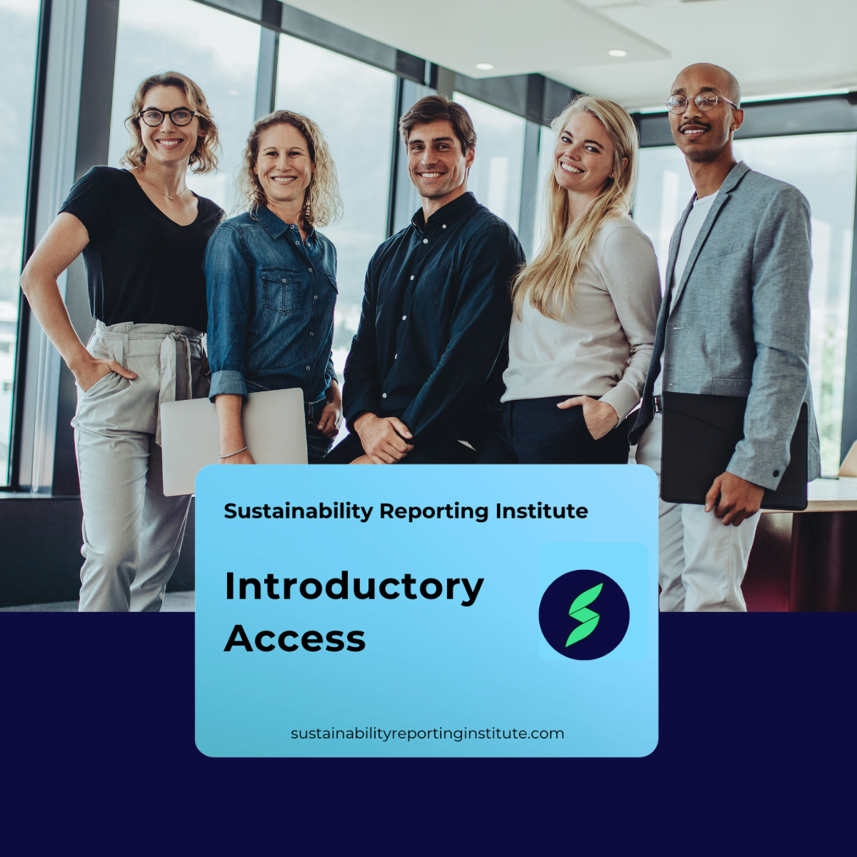 Team of professionals in an office with a Sustainability Reporting Institute Free Membership card displayed