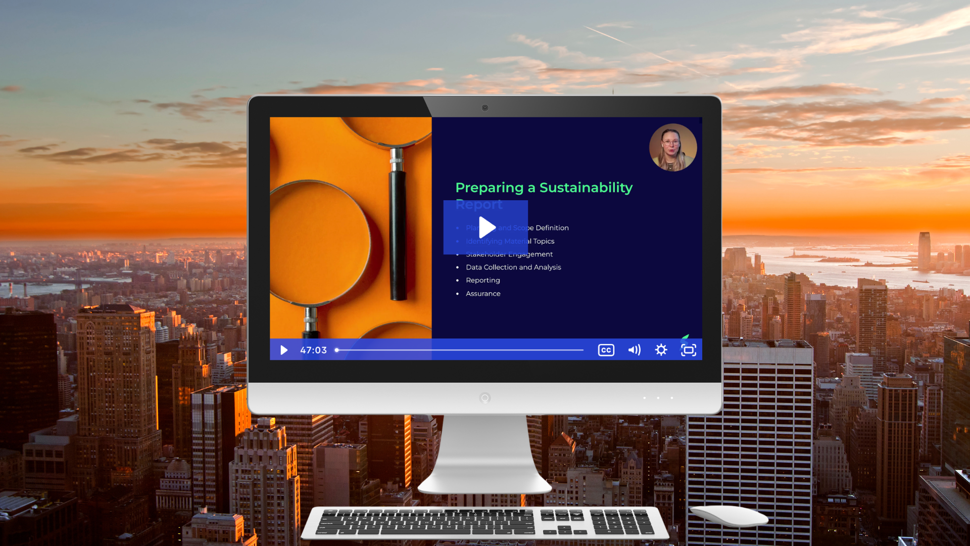 Computer screen displaying an introduction to CSRD Fundamentals course video