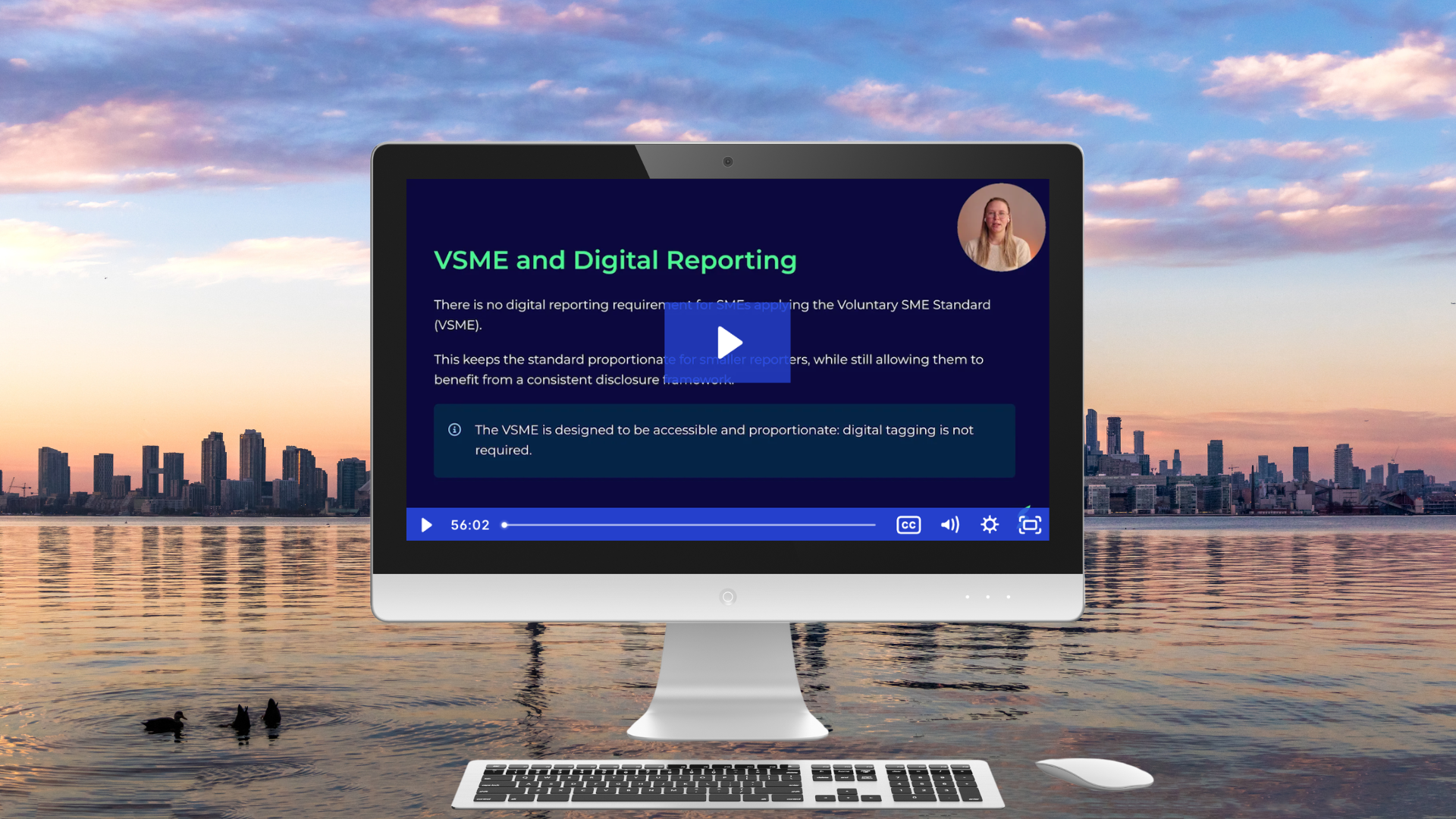 Computer screen displaying an introduction to CSRD Fundamentals course video