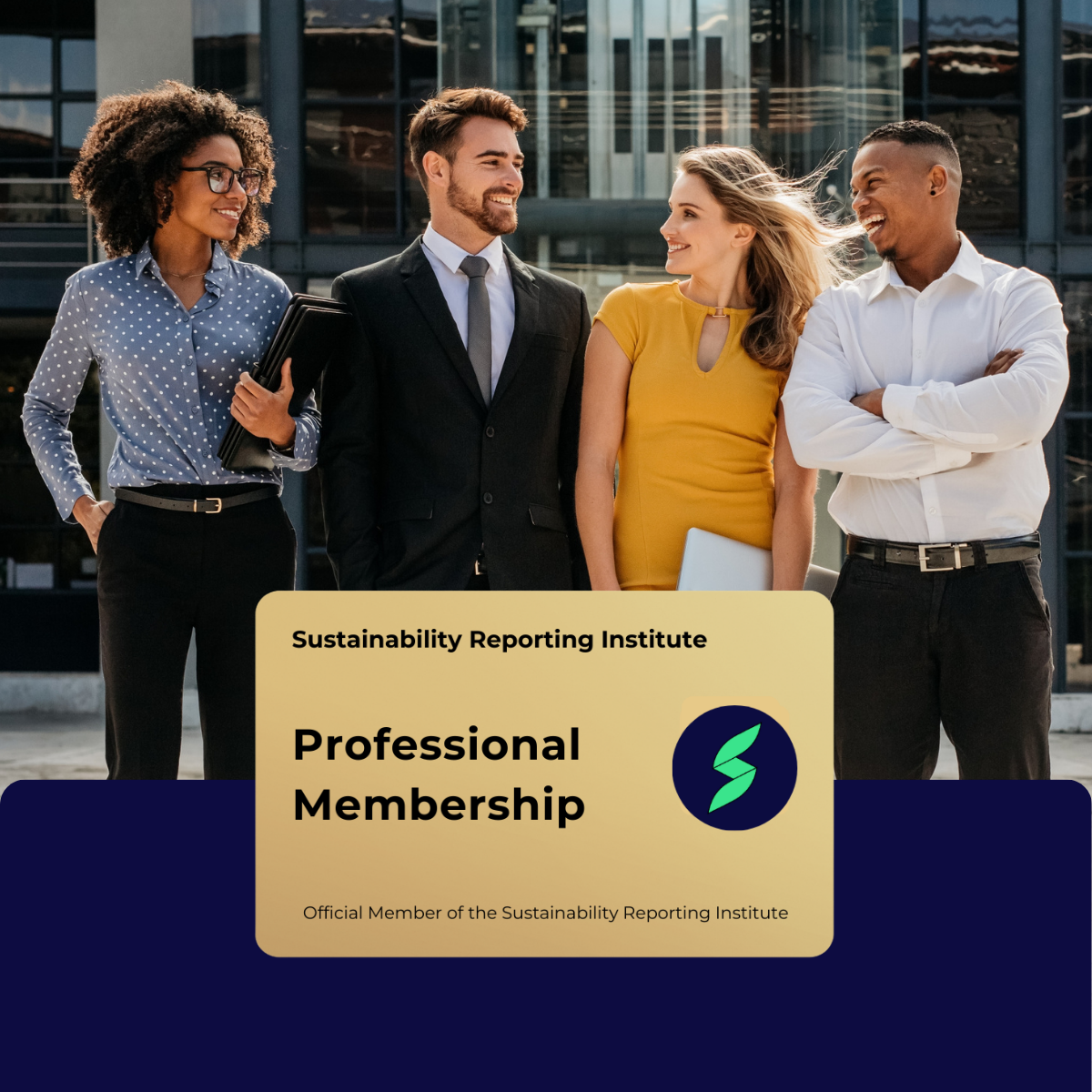 Team of professionals in an office with a Sustainability Reporting Institute Free Membership card displayed